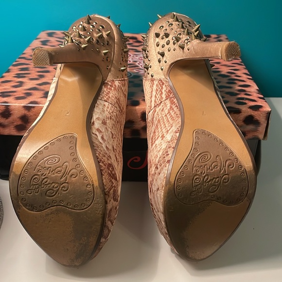 Naughty Monkey's Multi-Color Glam Dandy Spiked Heels in Beige Snake-print. - Picture 8 of 10